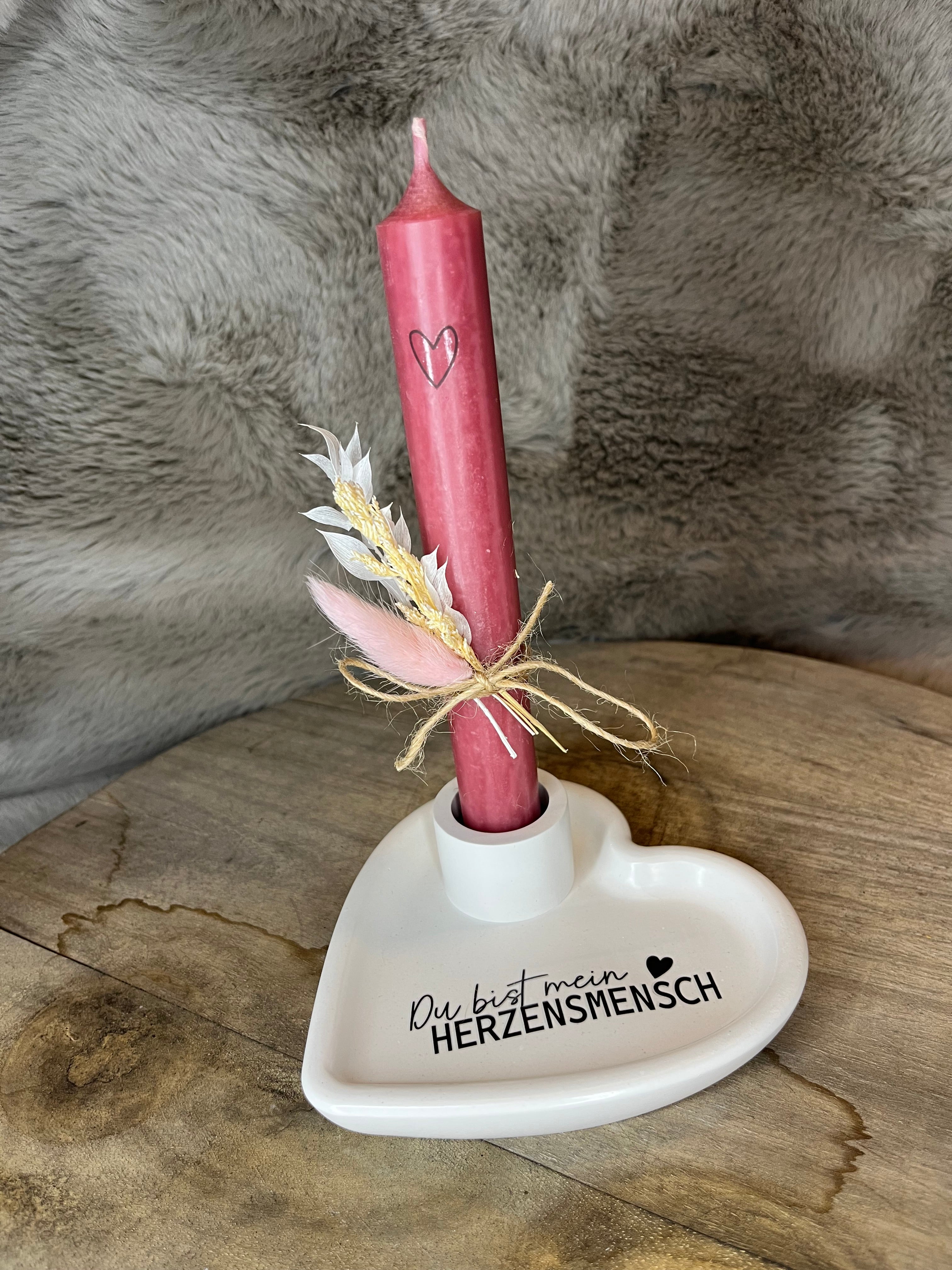 Kerzenhalter Herz – mit Kerze & Trockenblumen